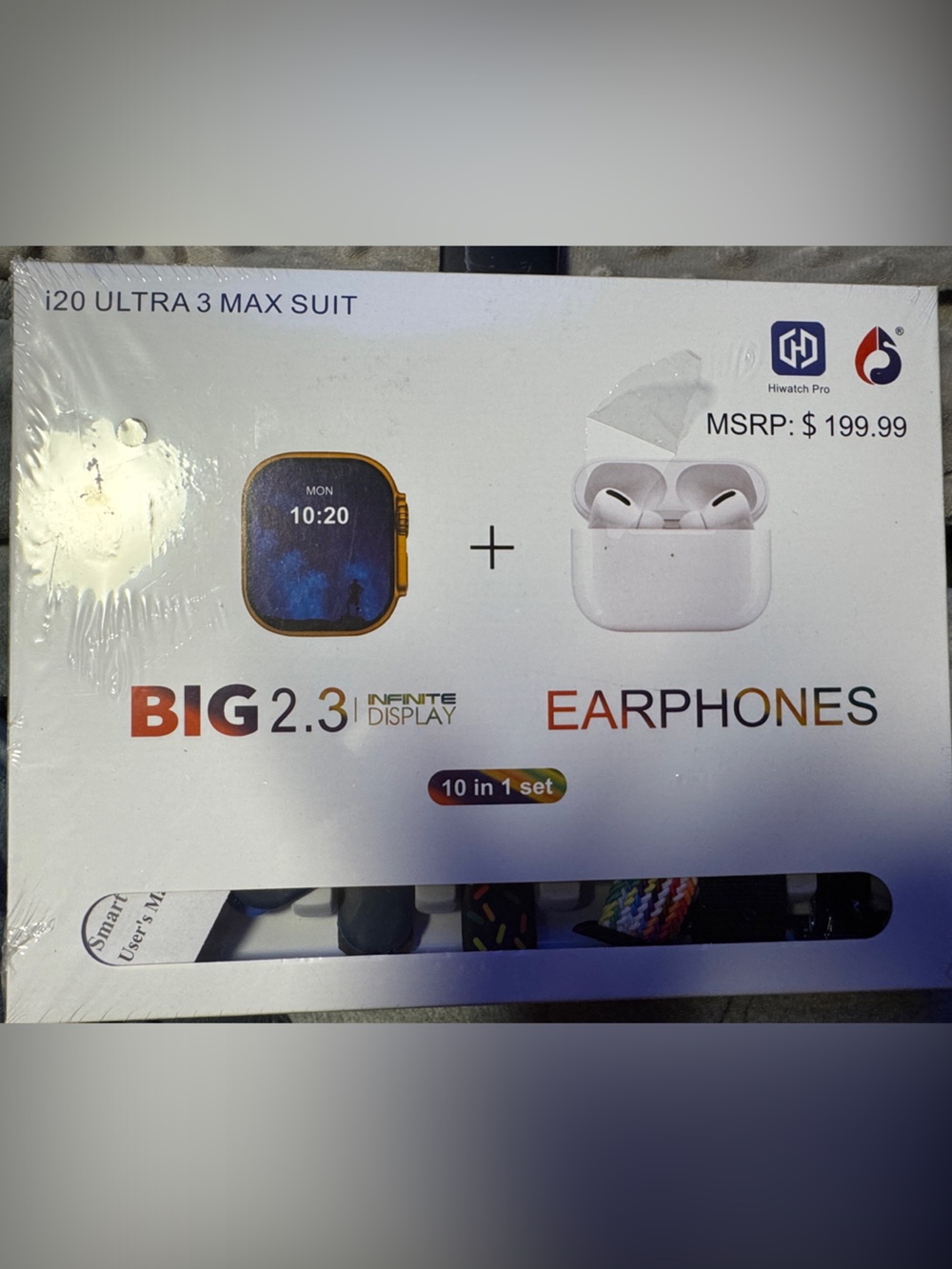 i20 Ultra 3 Max Suit BIG 2.3 Smartwatch and White Earphones Bundle